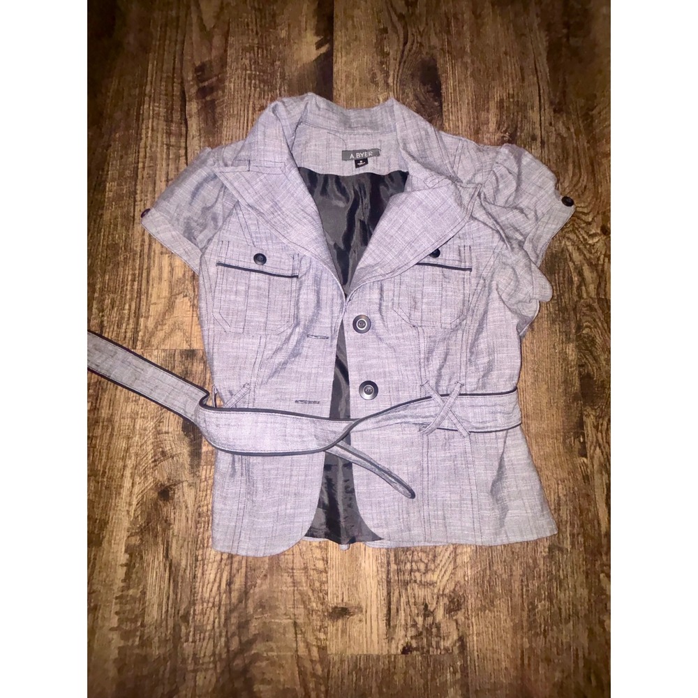 A. Byer Womens Gray Short Sleeve Belted Blazer Jacket Peplum Top Size Medium